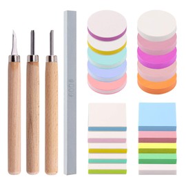 Swpeet 22Pcs 50mm Flat Round and Square Rubber Stamp Carving Blocks with 3Pcs Carving Knife Tools and Knife Polish Stone Kit, Double-Sided Removable Printing Carving Block for Scrapbooking Postcards