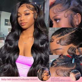 Walsdi 28 Inch 13x4 Lace Front Wigs Human Hair Body Wave HD Transparent Human Hair Wigs for Women 180 Density Body Wave Lace Front Human Hair Wigs Pre Plcked Wigs with Baby Hair Natural Black