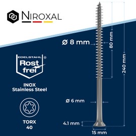 Stainless Steel Screws Torx Wood Screws 8 x 240 Stainless Steel V2A Rustproof Chipboard Screws for Wood Partial Thread 8 mm Thick 240 mm Long 1 Piece Screws Wood A2