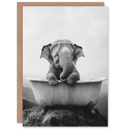 Artery8 Greeting Card Cute Baby Elephant In Bathtub Black White Surreal Blank For Him Or Her Art Birthday Card