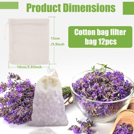 Tea Filter Bags, 12 Pcs Cotton Drawstring Filter Bags, 100 * 150mm Reusable Tea Strainer Cotton Cloth Bags for Coffee, Soy Milk, Tea, Candy, Juice, Herbs, Spices
