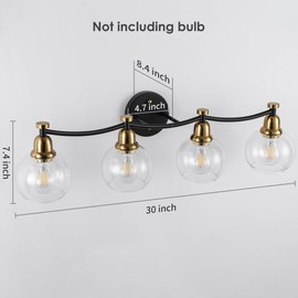 PAZALA Black and Gold 4 Lights Vintage Bathroom Vanity Light Fixtures Over Mirror Industrial Globe Clear Glass Farmhouse Wall Sconces Fixture(Exclude Bulb)