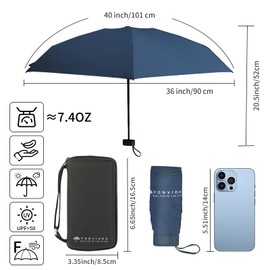 Compact Mini Windproof Travel Umbrella-UPF 50+ Sun & Rain Protection, Small Folding Design Fits in Pocket or Purse, Lightweight Portable with Case for Women, Men & Kids (Navy Blue)