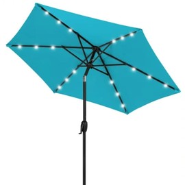 Heavy Duty Light Blue Outdoor Patio Umbrella With Solar Lights 7.5 FT For Deck Pool With Push Button Tilt | Steel Pole With 6-Rib Steel Frame UV Weather Resistant | Stable Air Vent User Friendly