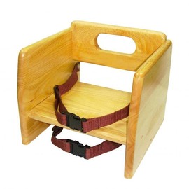 TrueCraftware – Children Booster Seat, Natural Wood Finished, Rubber Wood with Harness Straps, Seat Back Support Maximum 17", Knock-Down Package, Stackable