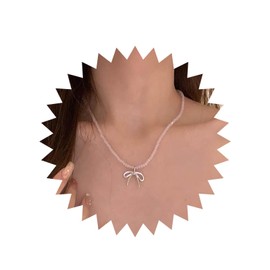 Xduargs Boho Bow Pendant Necklace Pink Beaded Bowtie Choker Necklace Vintage Pink Crystal Beads Necklace Adjustable Bowknot Chain Necklace Jewelry for Women