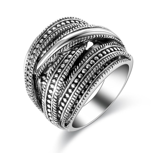 Mytys Retro Silver Cable Band Ring 2 Tone Crisscross Intertwined