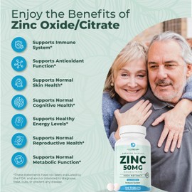 PurePremium Natural Zinc 50mg Supplements for Men/Women - High Potency Vitamin Zinc Citrate/Oxide for Adults, Immune Antioxidant, Energy Support - 100 Tablets