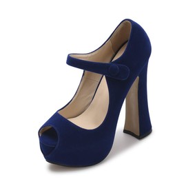 OCHENTA Zapatos de tacón alto con plataforma de punta abierta para mujer, con correa al tobillo, tacones gruesos, para fiesta, uso diario, Terciopelo azul, 9 US