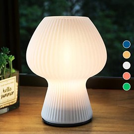 Rechargeable Ribbed Glass Mushroom Table Lamp with Timer, Battery Operated Vintage Aesthetic Led Mushroom Night Light for Bedroom, Cordless Mushroom Desk Lantern Lamp for Outfitters Home Decoration