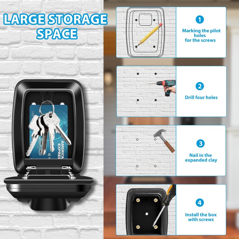 Key Safe Wall Mounted, Waterproof Key Safe, Resettable 12 Digit