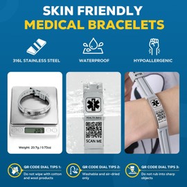 Theluckytag - Pulseras médicas de silicona impermeable para hombres y mujeres con código QR de hasta 20 cm, pulseras de identificación de alerta médica para con más espacio personalizado, 9.45'',