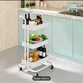 3-Tier Metal Utility Rolling Cart - Perfect for Home Organization, Lockable, Deattachable, Houseware Heavy Duty Storage Steel Racks, Organiser - Color: White