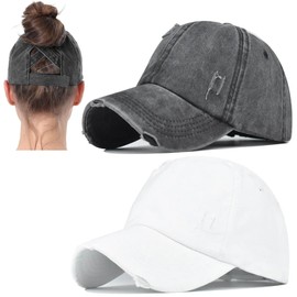 2 Packs Distressed Ponytail Hat for Women Criss Cross Hat Baseball Cap Pony Tail Caps High Bun