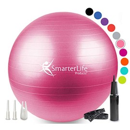 Exercise Ball for Yoga, Balance, Stability - Fitness, Pilates, Birthing, Therapy, Office Ball Chair, Flexible Seating - Anti Burst, Non Slip, PRO Workout Guide by SmarterLife (Pink, 55 cm)