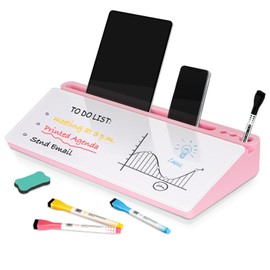 DOLLAR BOSS Glass Desk Whiteboard Small Dry Erase Board Desktop White Board with Storage Drawer Computer Keyboard Stand Desk Organizer Office Accessories School Supplies with 4 Markers 1 Eraser, Pink