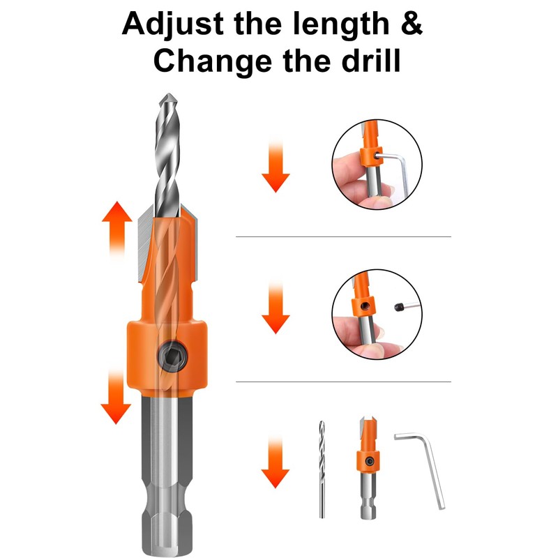 Countersink Drill Bit Set Hex Shank Woodworking: 5Pcs Tapered Pilot