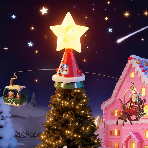 Christmas Tree Topper, Star Motion Rotating Santa's Reindeer Sleigh +