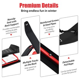 GYMAX Snow Racer Sled, Ski Sled Slider with Steering Wheel, Twin Brakes & Pull Rope, Heavy Duty Snow Slider Board for Kids Age 4 & up, Steerable Snow Sled for Kids Teenagers Adults (Red)