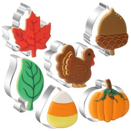 6PCS Large Fall Thanksgiving Cookie Cutters Set, Pumpkin, Maple Leaf, Corn Candy, Acorn, Turkey Cookie Cutter Shaped, Holiday Stainless Steel Cookies Cutters Metal Baking Cutter for Party Decorations