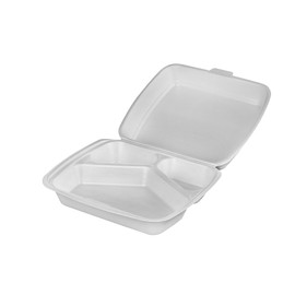 Concession Essentials Pack of 30CT Large 9 x 9 x 3.5 Inch Foam 3-Compartment Containers, White, Hinged, with Optional Venting, Polystyrene, 9"L x 9"W x 3.5"H