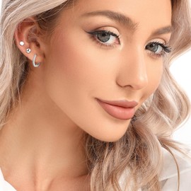 Silver Hoops Earrings for Women S925 Sterling Silver Stud Earrings 14K White Gold Plated Silver Stud Earrings Set with Cubic Zirconia Hypoallergenic Sleepers Earrings Small Hoop Earrings for Men