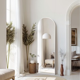 MELOMOIR 56"x18" Arched Full Length Mirror, Free Standing Leaning or Hanging, Thin Aluminum Frame, Tempered Glass, Suitable for Living Room Bedroom Cloakroom Hallway Home Gym, White