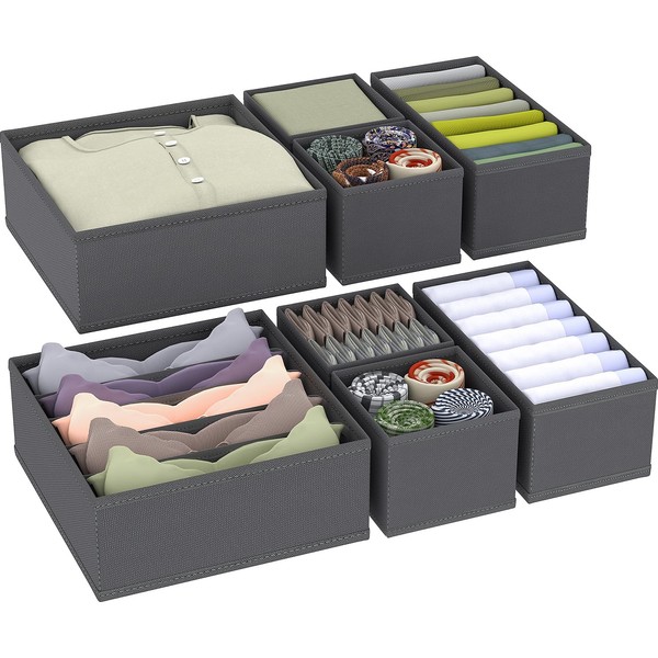 WANGIRL Pack of 8 Underwear Drawer Organiser, Foldable Fabric Wardrobe Storage Organiser, Draw Organisers for Clothes, Bras and Sock (Grey)