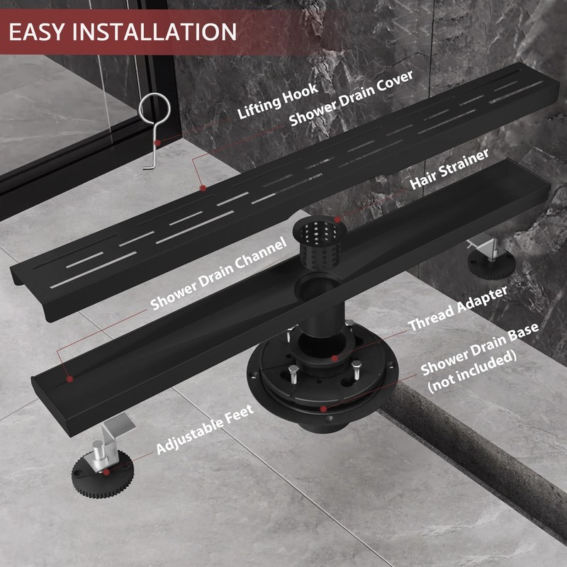32 Inch Linear Shower Drain, Matte Black Shower Drain,Removable Grate,