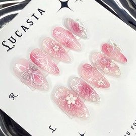 24 Pcs Clear Pink Press on Nails Short Almond,MINGCHUN Summer Fake Nails Press ons Acrylic Nail Art Tips Kit Full Cover False Nails Glue on Nails with 3D Flowers Butterfly Bow Design for Women