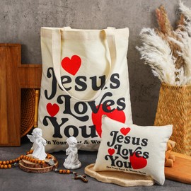 Paterr 8 Pcs Jesus Loves You gifts Include 4 Christian Canvas Grocery Tote Bags and 4 Bible Verse Makeup Bags with Zipper for Women Christian Faith Religious Gifts Church Party Favors