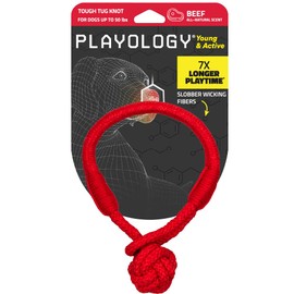 Playology Puppy Tough Knot Tug Toy for Young & Active Dogs | Medium Sized Interactive Tug & Chew Dog Toy for Puppies up to 50lbs | Engaging All-Natural Beef Scented Toy