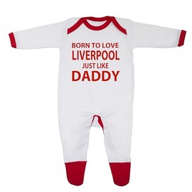 'Born To Love Liverpool Just Like Daddy' Baby Boy Girl Sleepsuit 100% Fine Combed Cotton (12-18 Months, White/Red Trim)