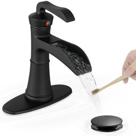 HEYMYTAP Brass Waterfall Bathroom Faucet Black, Single Handle Bathroom Sink Faucet 1 Hole, 4 Inch Bathroom Faucets 3 Hole with Deck Plate, Pop-up Drain and Supply Hoses