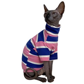 Vintage Stripes Sphynx Hairless Cats Shirt Cotton Cat Turtleneck Pet Clothes Kitten T-Shirts with Sleeves for Sphynx Cats (Wide Pink Blue Stripe, Large)