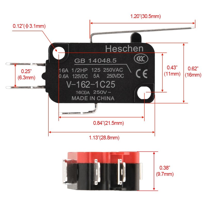 Heschen Micro Switch, V-162-1C25, SPDT, Short Hinge Lever, 16A 250VAC,
