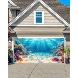 Grtuspr Under The Sea Garage Door Decorations for Kids - Teal Blue Ocean World Garage Door Covers Decorative Banner Large Marine Creatures and Sunlit Underwater Scene Garage Door Banners