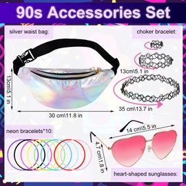 Tikplus 90s Outfit Women's 90s Accessories, 90s Retro Outfit with Heart Sunglasses Pink, Silver Bum Bag, Necklace, Women Festival Hippie Accessories for Neon Theme Party, multicoloured, One size fits