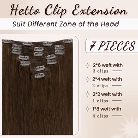 Hetto Clip-In Real Hair Extensions, Dark Brown, 7 Pieces, Remy Clip-In Hair Extensions, Dark Brown, 90 g, #4, 30 cm