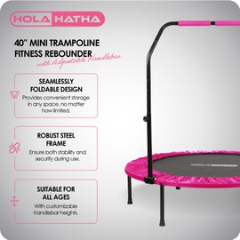 HolaHatha Foldable Mini Trampoline Home Gym Fitness Rebounder with 5 Level Adjustable Handle, Supportive 440 lb Capacity Workout Equipment, 40", Pink