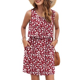 AUSELILY Women Summer Dress 2025 Casual Sleeveless Sundress Crew Neck Beach Short Dresses with Pockets, Red Floral M