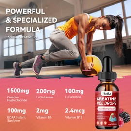 Creatine HCL Liquid Drops for Men & Women, Creatine Hydrochloride with L-Carnitine, L-Glutamine, BCAA, Vitamin B12 & B6 for Muscle Growth & Recovery-Vegan, Mixed Berry Flavor Flavor, 4 Fl Oz