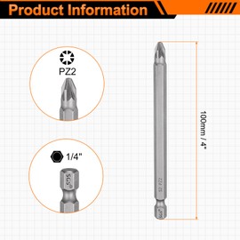 HARFINGTON PZ2 Screwdriver Bit 1/4" Hex Shank 100mm/4" Length Magnetic Phillips Slotted Hex Bits S2 Steel Screw Driver Bit Industrial Grade Electric Hexagon Drill Bits