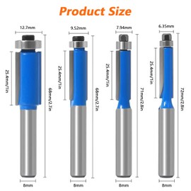 4 Piece Flush Cutter 8 mm Shank, Milling Cutter Set for Router, Flush Cutter with Ball Bearing Top, Router Bits for Wood, for Woodworking Tools for Cutting (1)