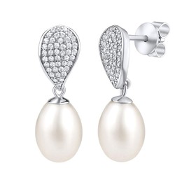 SILVEGO Women's Earrings 925 Sterling Silver with Real White Pearl and Cubic Zirconia Stud Earrings 8 x 26 mm, Silver, Pearl