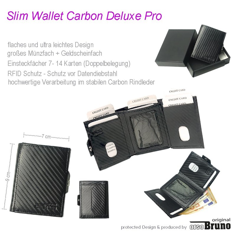 Slim Wallet Deluxe, Carbon leather black with comfort coin compartment,