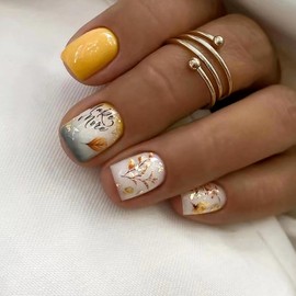 Short Square Press on Nails Yellow White Fake Nails Summer Acrylic Glossy False Nails with Word Retro Leaf Romantic Designs Full Cover Artificial Nails Stick on Nails Glue for Women and Girls 24 Pcs