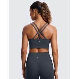 CRZ YOGA Womens Butterluxe Strappy Longline Sports Bra - Molded Cup Double Spaghetti Strap Workout Bra Yoga Crop Tank Top True Navy Medium