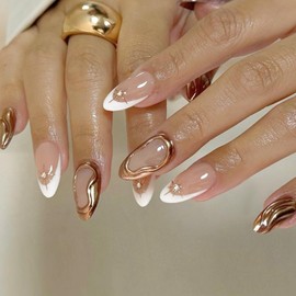 Short Almond Press on Nails White French Tip Fake Nails with Chrome Gold Lines Starlight Designs Glossy Artificial False Nails Full Cover Stick on Nails for Women Girls Acrylic Manicure Salon 24 Pcs