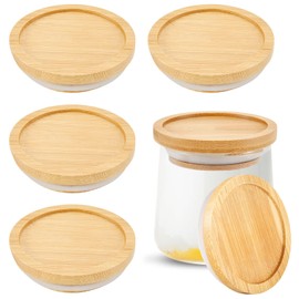 6 Pack Yogurt Jar Lids Set Bamboo Wood Lids with Silicone Sealing Rings Compatible with Oui Yogurt Jars Airtight Glass Storage